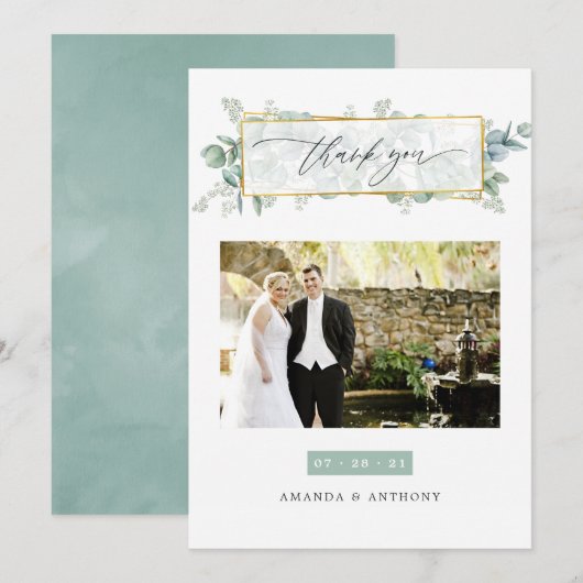 Eucalyptus geometrische trouwfoto bedankkaart (Voorkant / Achterkant)