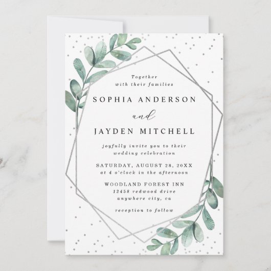 Eucalyptus Geometrische Zilveren Folie Bruiloft Kaart (Voorkant)