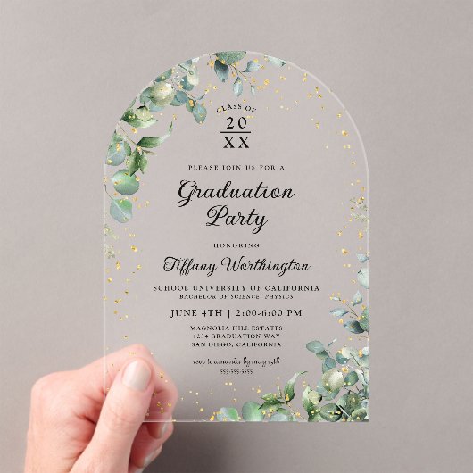 Eucalyptus Glitter Graduation Party Acryl Uitnodigingen (Insitu (Draagbaar))