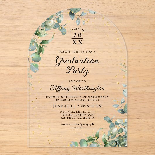 Eucalyptus Glitter Graduation Party Acryl Uitnodigingen (Voorkant)