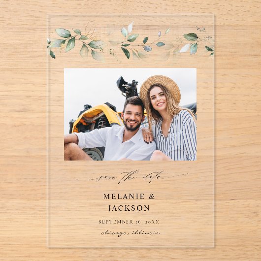 Eucalyptus Gloed Foto Opslaan Datum 2 Acryl Uitnodigingen (Voorkant)