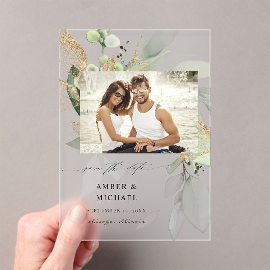 Eucalyptus Glow Foto opslaan Datum 3 Acryl Uitnodigingen (Insitu (Draagbaar))