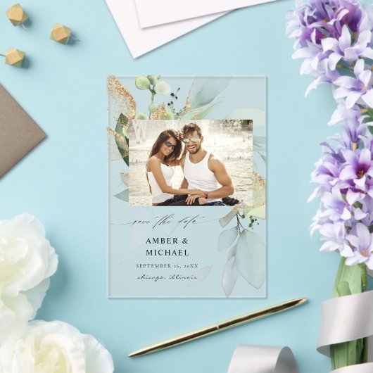 Eucalyptus Glow Foto opslaan Datum 3 Acryl Uitnodigingen (Insitu (Huwelijk))