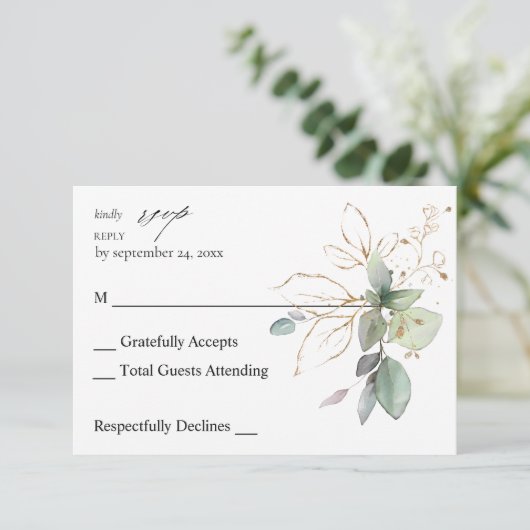 Eucalyptus Glow Gold Greenery 2 no Meal RSVP Kaartje (Staand voorkant)