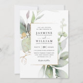 Eucalyptus Glow Gold Greenery QR Code Wedding Kaart (Voorkant)