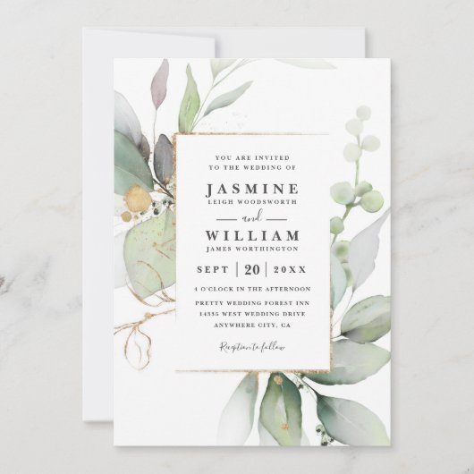 Eucalyptus Glow Gold Greenery QR Code Wedding Kaart (Voorkant)