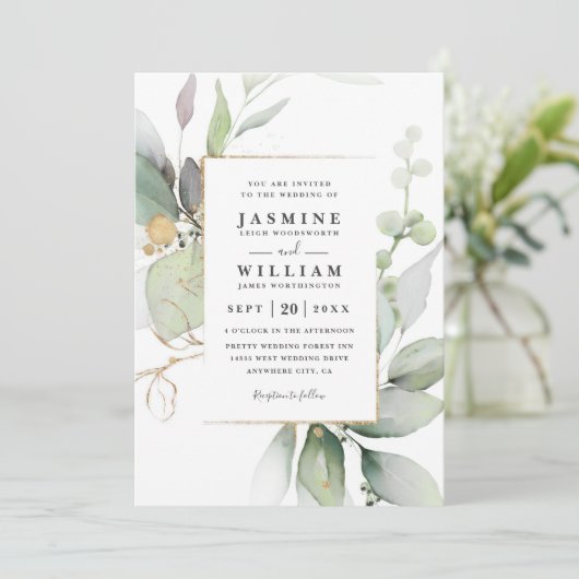 Eucalyptus Glow Gold Greenery QR Code Wedding Kaart (Staand voorkant)