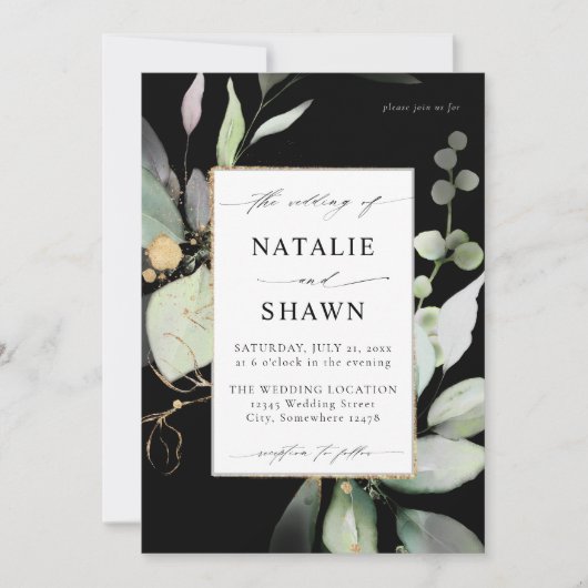 Eucalyptus Glow Gold Greenery Wedding Black Kaart (Voorkant)