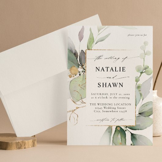 Eucalyptus Glow Gold Greenery Wedding Kaart