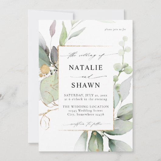 Eucalyptus Glow Gold Greenery Wedding Kaart (Voorkant)