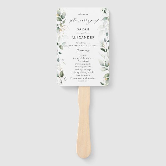 Eucalyptus Glow Gold Greenery Wedding Programme 2 Handwaaier (Voorkant)