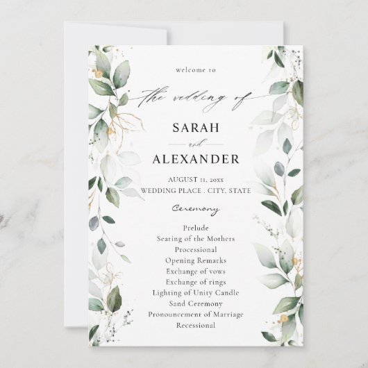 Eucalyptus Glow Gold Greenery Wedding Programme 2 Kaart (Voorkant)