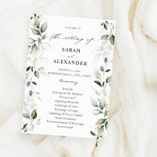 Eucalyptus Glow Gold Greenery Wedding Programme 2 Kaart