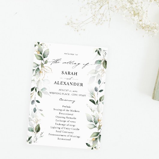 Eucalyptus Glow Gold Greenery Wedding Programme 2 Kaart