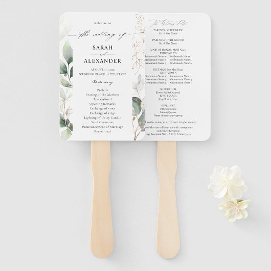 Eucalyptus Glow Gold Greenery Wedding Programme Handwaaier (Voorkant en achterkant)