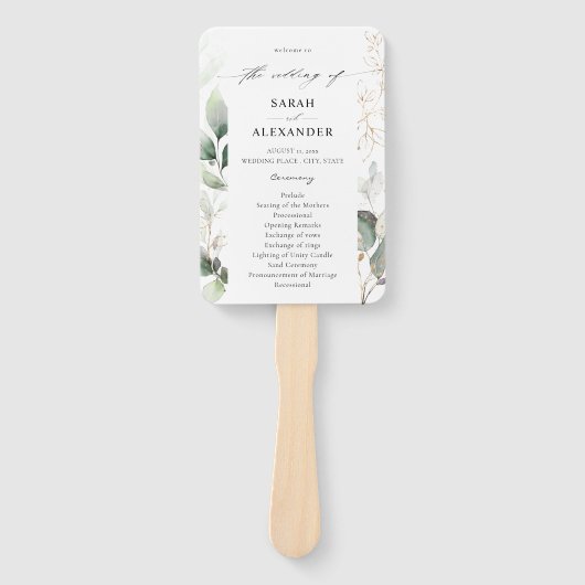 Eucalyptus Glow Gold Greenery Wedding Programme Handwaaier (Voorkant)