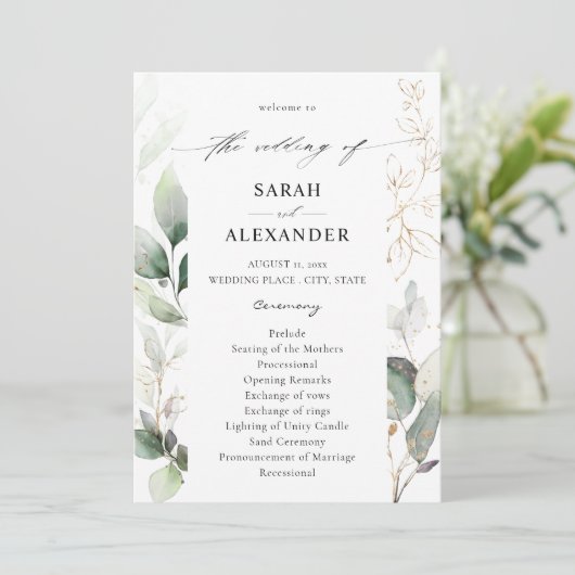 Eucalyptus Glow Gold Greenery Wedding Programme Kaart (Staand voorkant)