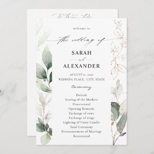 Eucalyptus Glow Gold Greenery Wedding Programme Kaart (Voorkant / Achterkant)