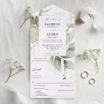 Eucalyptus Glow Gold Greenery Wedding V2 All In One Uitnodiging<br><div class="desc">Maak het verzenden van de uitnodiging en RSVP gemakkelijk,  terwijl uw gasten geweldig zijn met uw prachtige Eucalyptus Glow Gold Greenery Wedding All in One Invitations. V2- dikkere tekst</div>