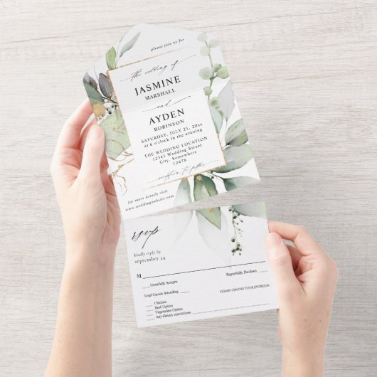 Eucalyptus Glow Gold Greenery Wedding V2 All In One Uitnodiging (Afscheurbaar)