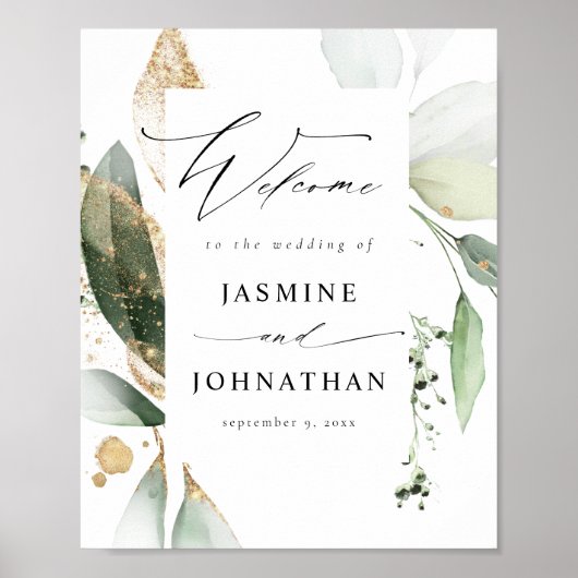 Eucalyptus Glow Gold Greenery Welkomstteken Poster (Voorkant)