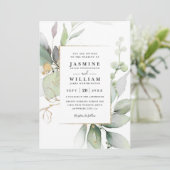 Eucalyptus Glow Gold Groene QR Code Huwelijk Kaart (Staand voorkant)