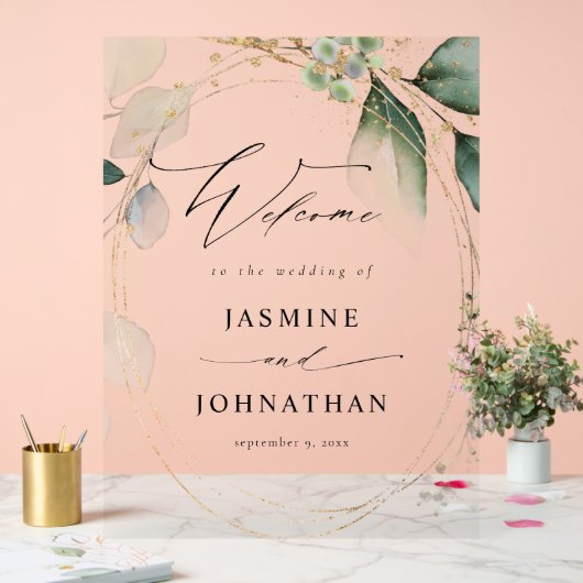 Eucalyptus Glow Goud Groen Bruiloft Welkom 2 Acryl Bord (Huwelijk)