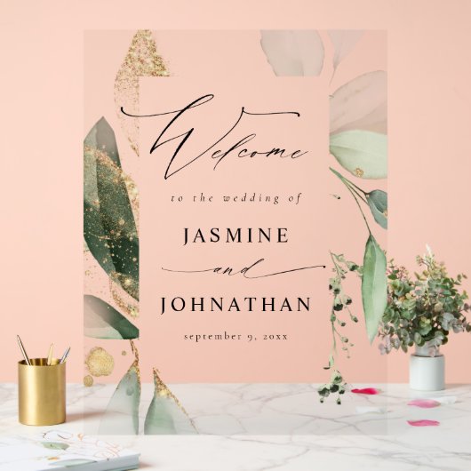 Eucalyptus Glow Goud Groen Bruiloft Welkom 3 Acryl Bord (Huwelijk)