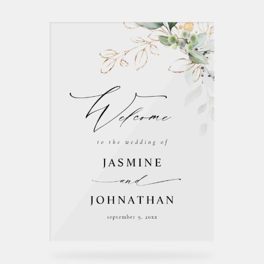 Eucalyptus Glow Goud Groen Bruiloft Welkom 4 Acryl Bord (Voorkant)