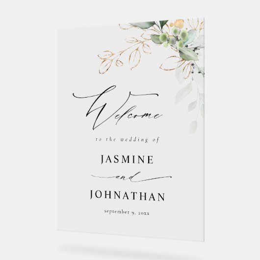 Eucalyptus Glow Goud Groen Bruiloft Welkom 4 Acryl Bord (Hoek)