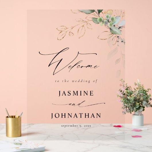 Eucalyptus Glow Goud Groen Bruiloft Welkom 4 Acryl Bord (Huwelijk)