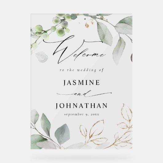 Eucalyptus Glow Goud Groen Bruiloft Welkom Acryl Bord (Voorkant)