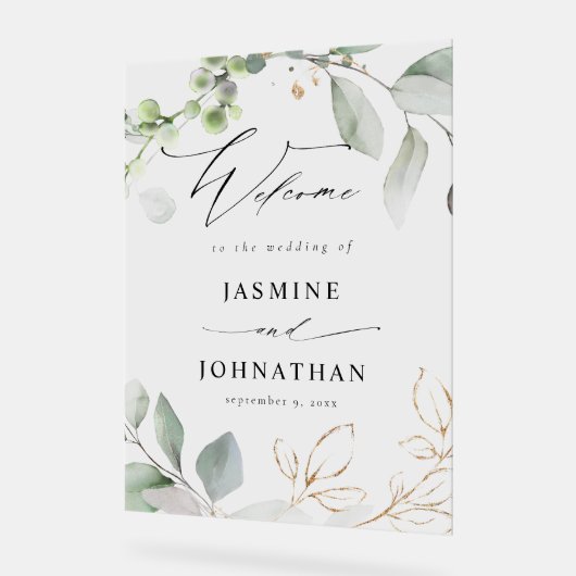 Eucalyptus Glow Goud Groen Bruiloft Welkom Acryl Bord (Hoek)
