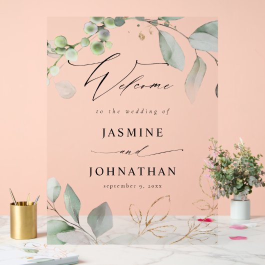 Eucalyptus Glow Goud Groen Bruiloft Welkom Acryl Bord (Huwelijk)