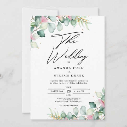 Eucalyptus Glow Groen moderne bruiloft uitnodiging (Voorkant)