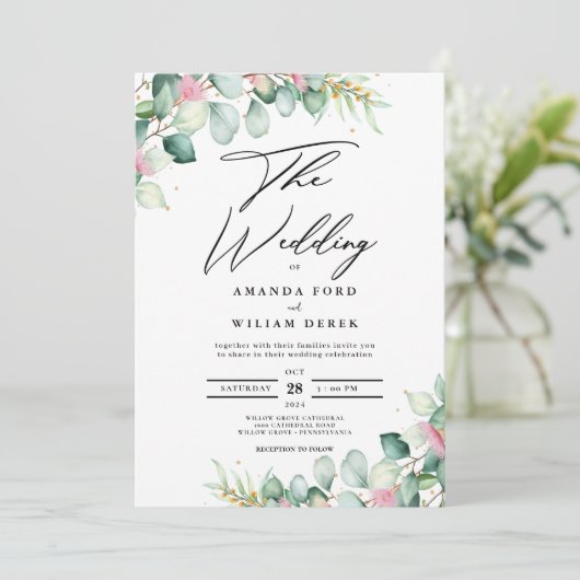 Eucalyptus Glow Groen moderne bruiloft uitnodiging (Staand voorkant)