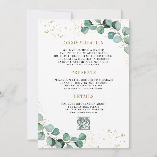 Eucalyptus Gold alles in één QR-code formeel huwel Kaart (Achterkant)