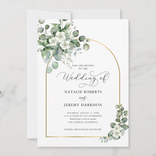 Eucalyptus Gold Arch QR-code Alles in één bruiloft Kaart (Voorkant)