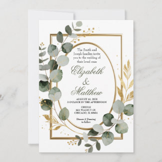 Eucalyptus Gold Botanical Wreath Wedding Invitatio Kaart