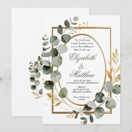 Eucalyptus Gold Botanical Wreath Wedding Invitatio Kaart (Voorkant / Achterkant)