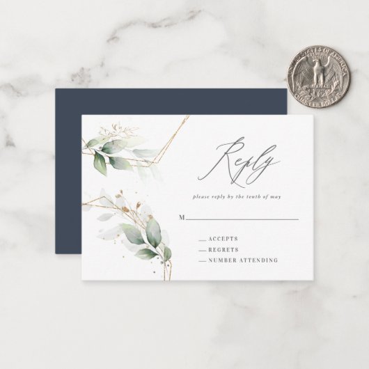 Eucalyptus gold bruiloft RSVP Notitiekaartje (Voorkant / Achterkant in situ)