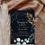 Eucalyptus Gold Calligrafie Blue Surprise Party Kaart<br><div class="desc">Deze eucalyptus goudkalligrafie blauwe verrassingsfeestuitnodiging is perfect voor een eenvoudige verjaardag,  pensionering of een verrassingsfeestje. Dit artistieke ontwerp is voorzien van handgetekende gouden florale en waterverf eucalyptusgroene bladeren in een donkerblauwe achtergrond,  prachtig geordend in een elegant geometrisch lijst.</div>