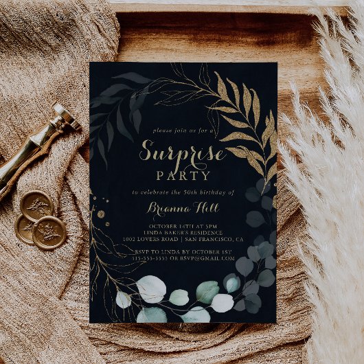 Eucalyptus Gold Calligrafie Blue Surprise Party Kaart