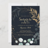 Eucalyptus Gold Calligrafie Blue Surprise Party Kaart (Voorkant)