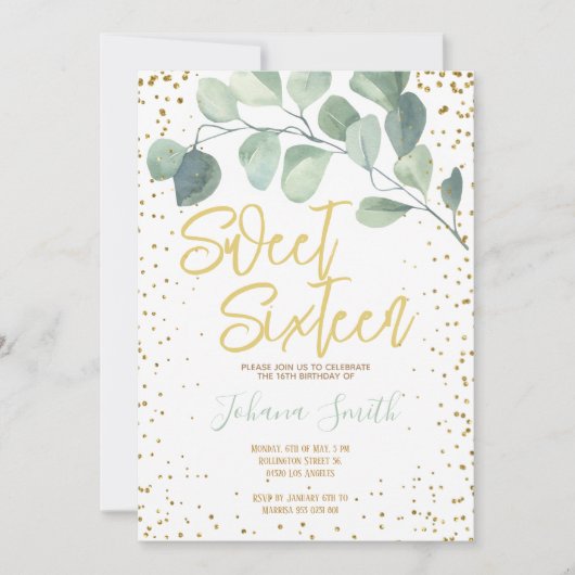 Eucalyptus Gold Confetti Sweet Sixteen Birthday Kaart (Voorkant)