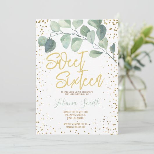 Eucalyptus Gold Confetti Sweet Sixteen Birthday Kaart (Staand voorkant)