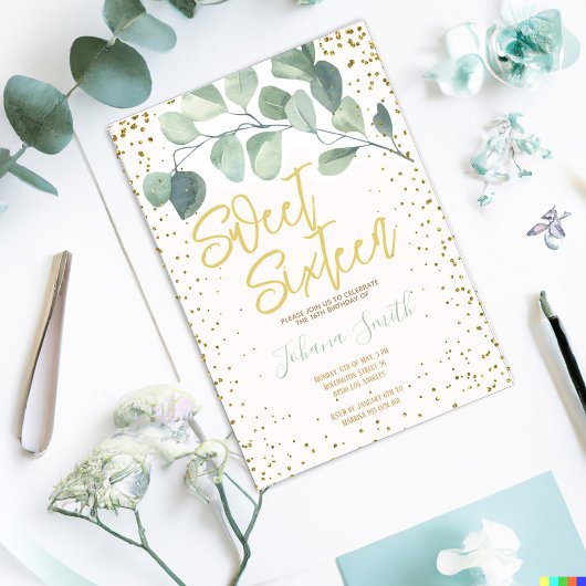 Eucalyptus Gold Confetti Sweet Sixteen Birthday Kaart