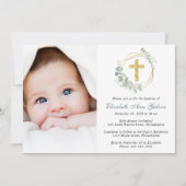 Eucalyptus Gold Cross-Script Photo Baptisme Kaart (Voorkant)