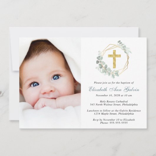 Eucalyptus Gold Cross-Script Photo Baptisme Kaart (Voorkant)