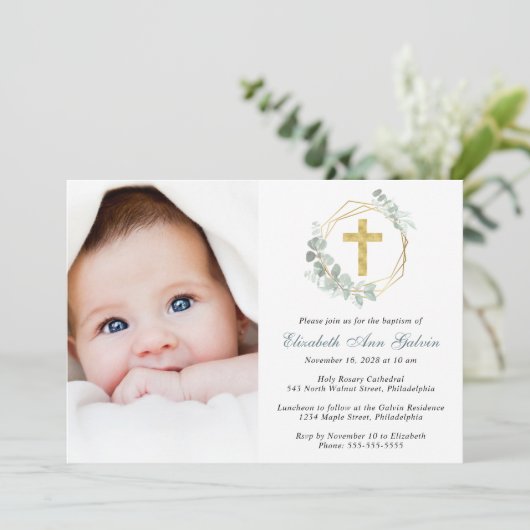 Eucalyptus Gold Cross-Script Photo Baptisme Kaart (Staand voorkant)